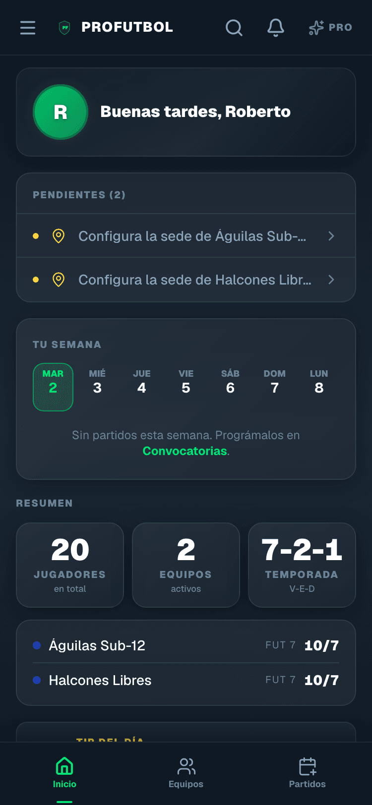 Pantalla de inicio de ProFutbol: récord del equipo, próximos partidos y plantel